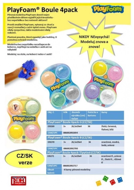 PlayFoam® Modelina/Plastiline à billes 4 couleurs sur carte 19,5x27x3cm