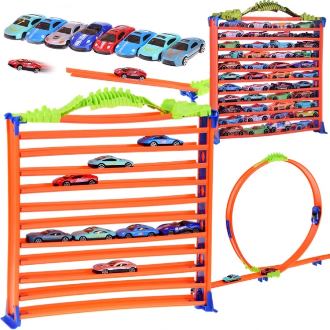 Garage et piste de course pour petites voitures 2-en-1 avec 8 pièces
