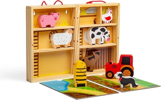 Bigjigs Toys ferme en bois portable dans une boîte avec animaux et tracteur