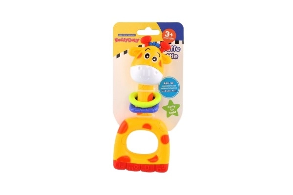 Hochet/mordeur/pouet girafe en plastique 7x16cm sur carte 3m+