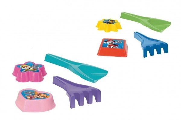 Ensemble de sable 4 pièces plastique pelle, râteau, 2 moules Paw Patrol/Pat’Patrouille 4 couleurs en filet