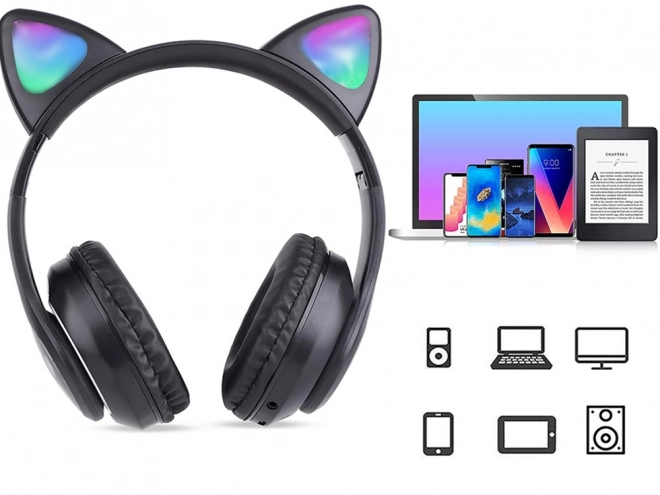 Casque sans fil bluetooth radio fm mp3 oreilles de chat éclairage LED – noir