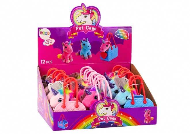 Licorne en peluche avec crinière colorée dans un sac en caoutchouc