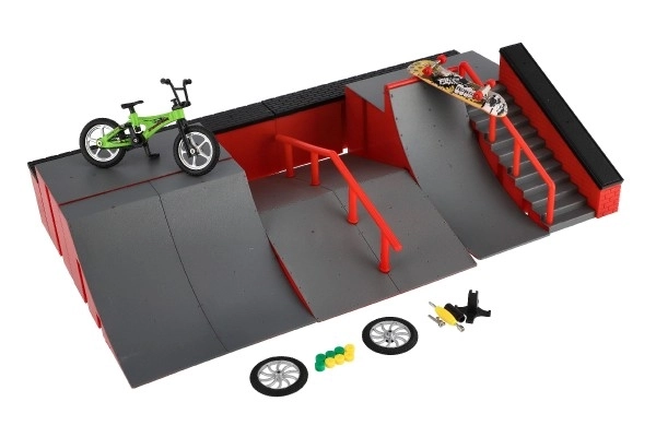 Skatepark - rampe, vélo à doigts, skateboard à doigts en plastique avec accessoires 2 couleurs dans une boîte 43x25x12cm