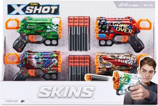 Lot de blasters X-SHOT Skins Menace – 4 pcs, 24 fléchettes