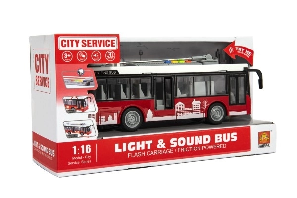 Autobus/trolleybus en plastique 28cm à inertie avec lumière et son dans une boîte 32x17x11cm
