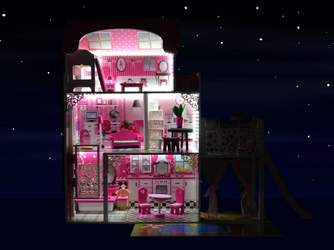 Grande maison de poupée en bois avec toboggan et éclairage LED
