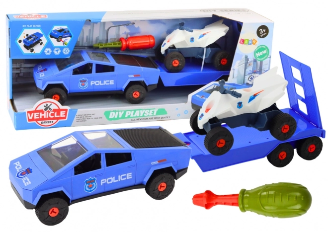 Kit de construction Voiture moderne avec quad et caravane pour bricoleurs Bleu