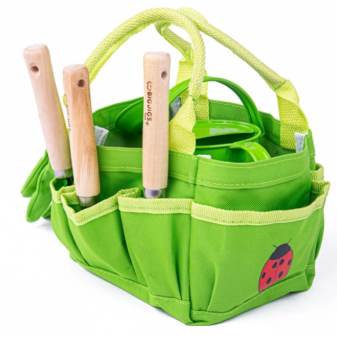 Bigjigs Toys Ensemble d'outils de jardinage dans un sac en toile vert