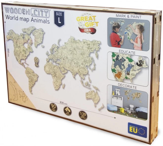 Carte du monde animal en bois 3D, taille M