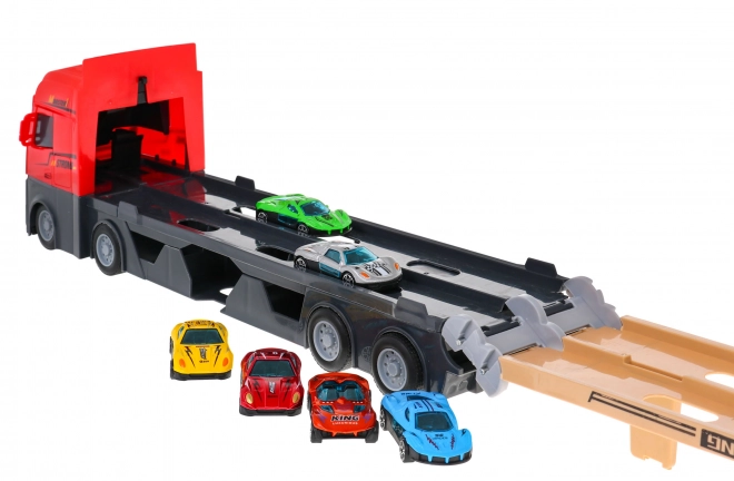 Camion avec piste déployable, petites voitures et lanceur 3 en 1