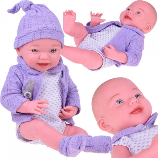 Poupée bébé souriante 40 cm avec petit cardigan violet