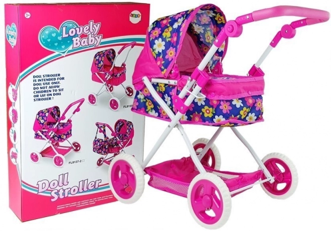 Joli landau profond rose à fleurs pour poupées