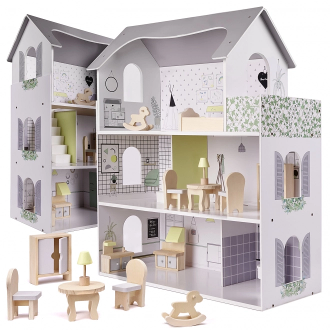 Maison de poupée avec meubles en bois gris