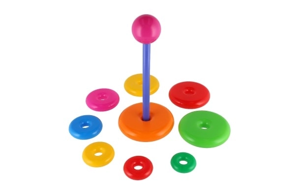 Pyramide à empiler avec anneaux en plastique 28 cm ass. 2 types en filet 12m+