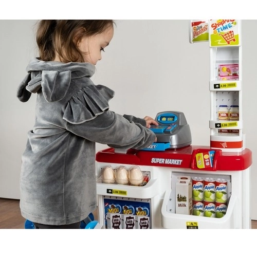 Supermarché avec caisse, panier et accessoires