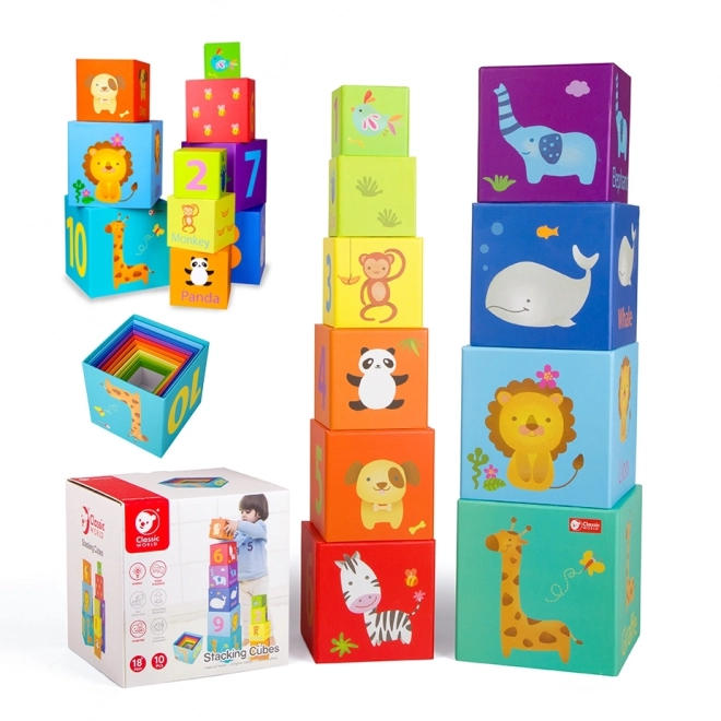 Pyramide en blocs carrés avec animaux et chiffres - 10 cubes