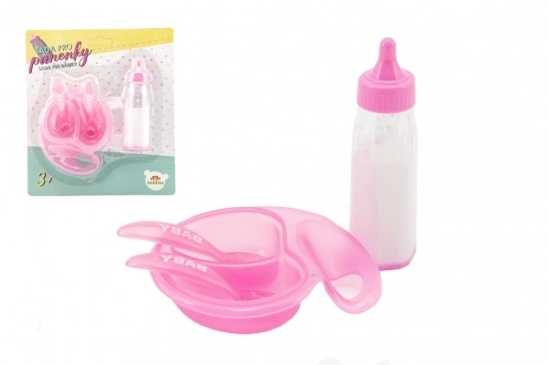 Ensemble pour poupées en plastique bouteille, bol avec couverts sur carte 19x22x4cm