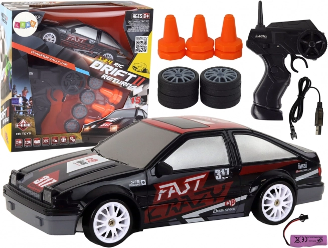 Voiture RC sportive 1:24 noire avec roues interchangeables