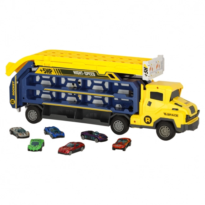 Circuit automobile jaune avec transporteur - 6 pièces