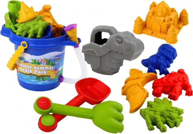 Set dinosaures pour le sable avec seau à douche, pelle, râteau et moules