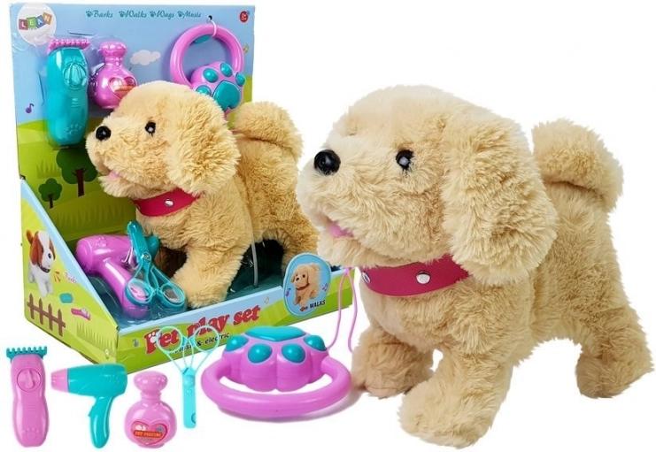 Chien en peluche à laisse, à piles – crème avec accessoires