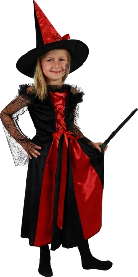 Déguisement de sorcière pour enfant noir et rouge avec chapeau – taille M (6–8 ans)