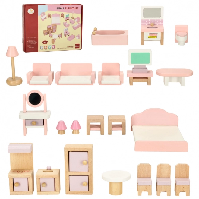 Meubles en bois pour maison de poupées - salon, chambre à coucher, salle de bain, cuisine rose