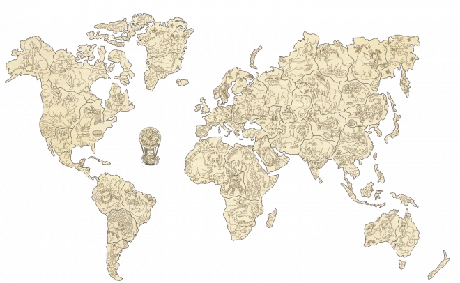 Carte du monde en bois avec animaux