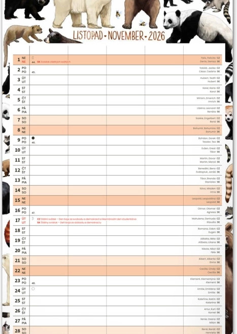 Calendrier mural Planificateur familial 2026 avec illustrations Animalium