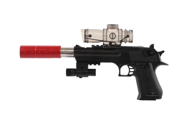 Pistolet plastique/métal 33cm pour billes d'eau + balles 9-11mm à piles avec lumière dans une boîte 34x13x4cm