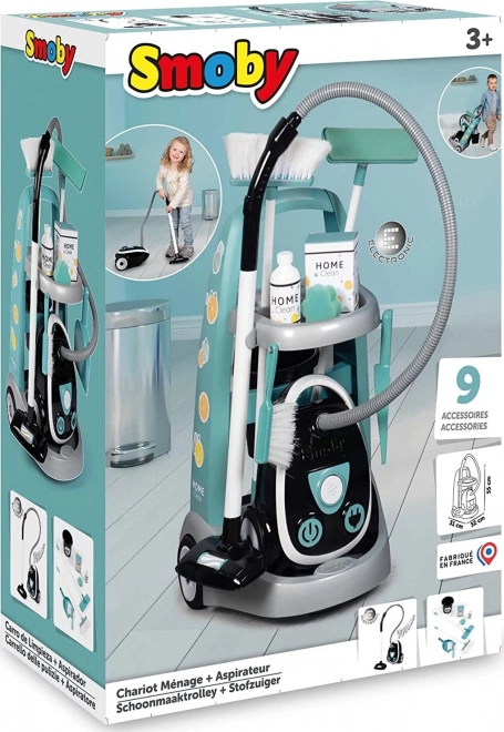 Chariot de nettoyage turquoise-blanc avec aspirateur pour petite femme de ménage