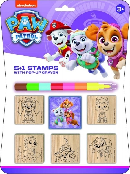 Tampons 5+1 avec coussinet en bois 5x5cm avec crayon de cire Pat' Patrouille sur carte