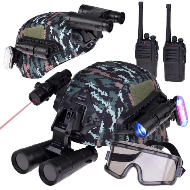 Ensemble d'équipement militaire avec casque, jumelles et talkie-walkie