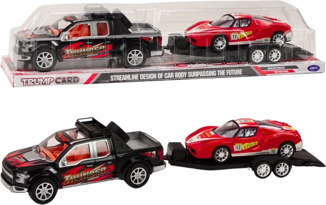 Pickup avec remorque et voiture de sport rouge – set à inertie
