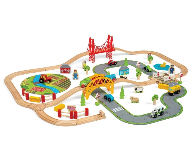 Bigjigs Rail Circuit en bois avec route de campagne 80 pièces