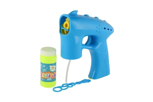 Pistolet à bulles bleu plastique 13cm + recharge à piles sur carte