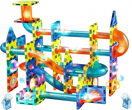 Piste de billes magnétique plastique 110 pièces 16 billes + accessoires à piles dans une boîte 36x28x9cm