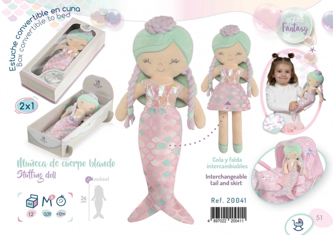 DeCuevas 20041 Poupée en peluche 2en1 OCEAN FANTASY - 36 cm avec berceau