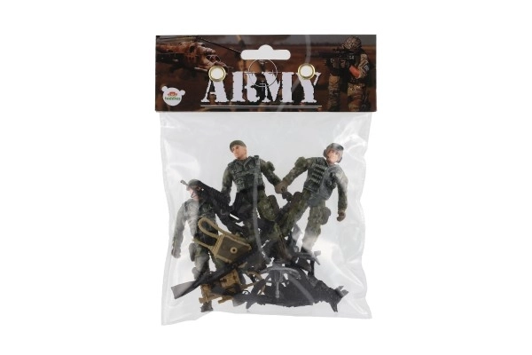 Set de soldats avec chien et accessoires 12 pièces en plastique dans un sachet 17x20x3cm