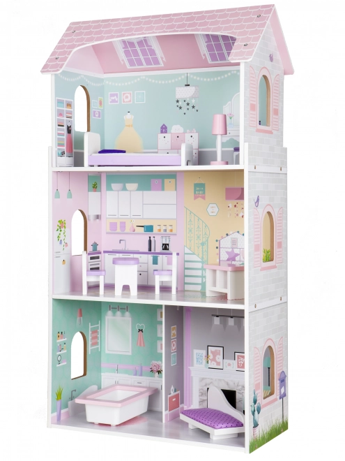 ECOTOYS Maison de poupées à trois étages Fraise
