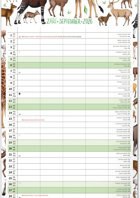 Calendrier mural Planificateur familial 2026 avec illustrations Animalium