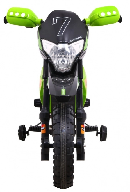 Moto cross électrique pour enfants à batterie – verte, avec roulettes stabilisatrices et feux LED
