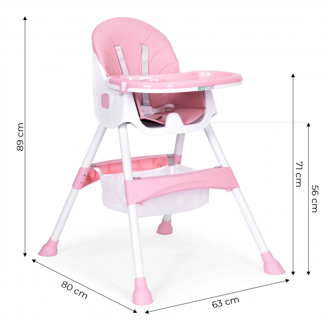 Chaise haute pour enfant avec plateau et panier, harnais à cinq points ECOTOYS – rose