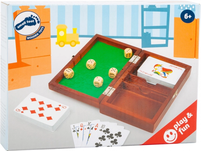 Petite boîte en bois avec dés et cartes