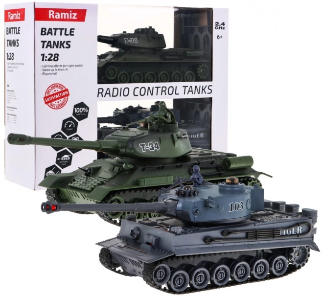 Chars radiocommandés 2 T-34 vs. Tiger pour enfants 3+ Modèles à tir 1:28 + Grande bataille de chars + Sons lumineux