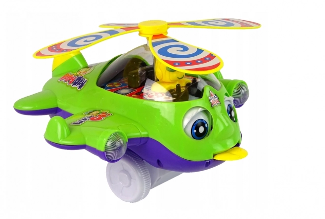 Hélicoptère pousseur vert avec pilote
