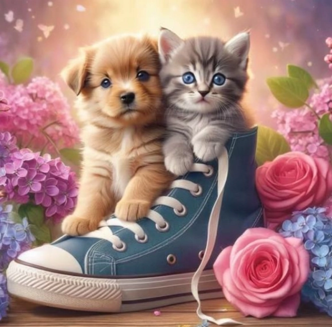 Peinture diamant Chiot et chaton dans une botte 30x40 cm