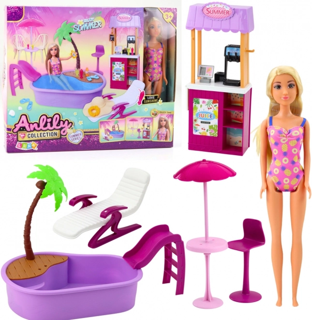 Poupée ANLILY à la plage avec piscine et stand de boissons