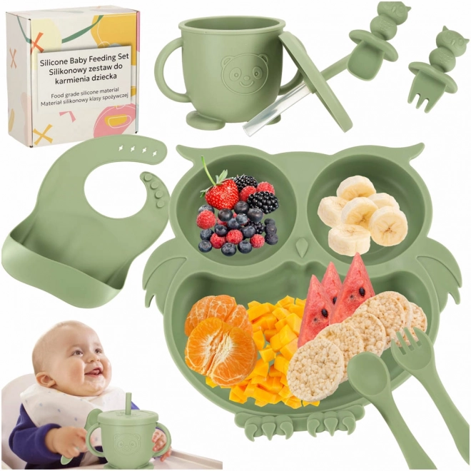 Ensemble vaisselle en silicone pour enfants avec motif hibou en vert militaire
